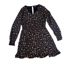 Daytrip Mini Dress Women's Floral Print‎ Long Sleeve  Smocked Waist Black Medium